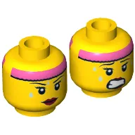 Minifig Head Cardio Carrie, Dual Sided, Female, Pink Headband, Sweat Drops, Red Lipstick, Mouth Closed / Clenched Teeth Print [Hollow Stud]