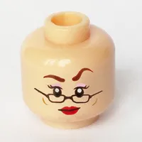 Minifig Head Rita Skeeter, Thin Semi-circle Glasses, Raised Left Eyebrow, Red Lips, Cheek Lines, Smile / Frown Print
