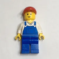 Man, Blue Overalls over White V-Neck Shirt, Red Cap, Brown Eyebrows