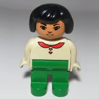 Duplo Figure, Early, Hair Bob Black, Green Legs, Blouse with Red Heart Buttons & Collar, Lips Print (Asian)