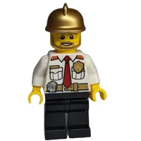 Fireman, White Shirt with Red Tie, Badge, and Radio on Belt, Gold Helmet, Beard