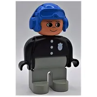 Duplo Figure, Early, Aviator Hat Blue, Light Gray Legs, 3 Buttons and Badge Print