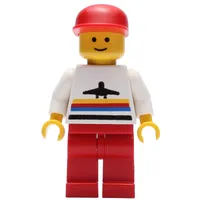 Man, White Shirt with Airplane, Red Legs, Red Cap