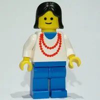 Woman, White Top with Red Necklace, Blue Legs, Black Hair (3626b Head)