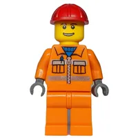 Construction Worker, Orange Jacket with Zipper and Reflective Stripes, Red Hard Hat