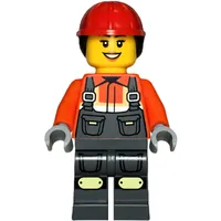 Construction Worker, Reddish Orange Jacket, Overall, Red Hard Hat with Hair