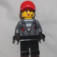 Criminal, Woman, Open Dark Bluish Gray Jacket with Zipper over Prison Shirt, Red Cap with Hair