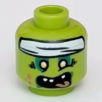 Minifig Head, Yellow Eyes, Dark Green Eye Shadow, Coral Spots, Open Mouth, Tongue, White Bandanna/Bandage print [Hollow Stud]