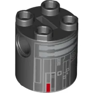 Brick Round 2 x 2 x 2 Robot Body, Axle Holder '+' Orientation with Grey, Silver, and Red Imperial Astromech Droid Print