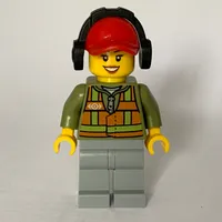 Train Worker, Woman, Orange Safety Vest with Train Logo over Olive Green Hoodie, Light Bluish Gray Legs, Red Cap with Ear Defenders