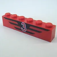 Brick 1 x 6 with Red '3', Black Stripes Print