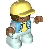 Duplo Figure Child with Hair and Cap Bright Light Yellow, Light Aqua Legs, Bright Light Yellow Shirt Print