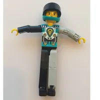 Technic Figure Black/Light Gray Legs, Dark Turquoise Torso with Yellow, Black, Silver Print, Light Gray Mechanical Left Arm - Dark Turquoise Helmet