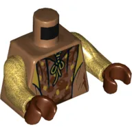 Torso Robe, Open over Tunic with Reddish Brown and Yellow Spots, Lace Neck Ties Print, Pearl Gold Arms, Reddish Brown Hands