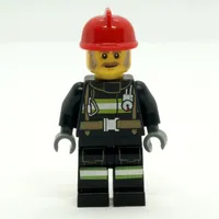 Fire Fighter - Black Torso, Black Legs, Red Helmet, Dark Tan Beard