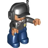 Duplo Figure with Headset and Cap Black, with Dark Blue Legs, Badge Print, Black Arms, Nougat Hands (Police)