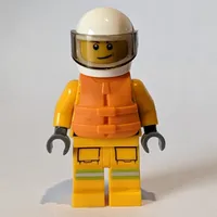 Fireman, Bright Light Orange Fire Suit, White Helmet with Visor, Orange Life Vest