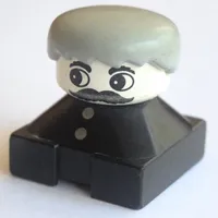 Duplo 2 x 2 x 2 Figure Brick, Spiky Bangs, White Head, Light Gray Hair, Two White Buttons, Moustache Print