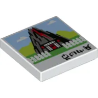 Tile 2 x 2 with Volcano with Red Door, White Picket Fence, Black Asian Characters Print
