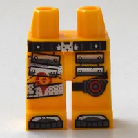 Hips and Bright Light Orange Legs with Red Circle on Black Knee Strap, Silver Plates, and Tape Knee Strap Print