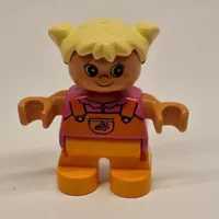 Duplo Figure, Early Child, with Pigtails Light Yellow, Orange Legs, Orange Overalls Print