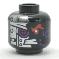 Minifig Head General Cryptor / Nindroid, Red Robot Eye with Purple Edge, Metal Plating, Rivets Print