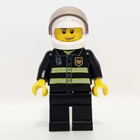 Fireman, Black Fire Jacket with Reflective Stripes, Radio, and Badge, White Helmet with Visor, Stubble