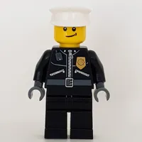 Policeman, Black Jacket with Zipper, Radio, Badge, and 'POLICE' on Back, White Hat