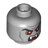 Minifig Head Strahd von Zarovich, Black Eyebrows, Red Eyes, Dark Bluish Grey Lines, Raised Eyebrow, Lopsided Smile/Angry Snarl, Fangs