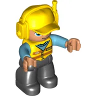 Duplo Figure with Headset and Cap Yellow, with Medium Azure Arms, Yellow Vest with Orange Stripes, and Black Legs