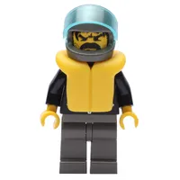 Man, Open Black Jacket over Red Shirt, Light Gray Legs, Helmet and Visor, Yellow Life Vest