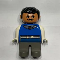 Duplo Figure, Early, with Short Parted Hair Black, Dark Gray Legs, White Arms, Moustache (Actor)
