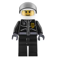 Policeman, Black Jacket with Zipper, Radio, and Badge, White Helmet and Visor, Printed Hair-line