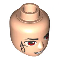 Minidoll Head Male with Thin Black Eyebrows and Red Eyes, Black Elves Tattoo on Right Cheek, Open Mouth Smirk Print