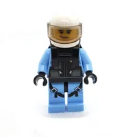 Policewoman, Black Vest with Badge and Pouches over Bright Light Blue Shirt, White Helmet with Trans-Brown Visor, Neck Bracket