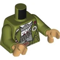 Torso, Jacket, Gold Belt Buckle with Dark Red '007', Ammo Belt, Buttons, Light Bluish Grey Shirt print, Olive Green Arms, Warm Tan Hands