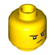 Minifig Head Jay, Reddish Brown Eyebrows and Freckles, Lopsided Grin / Frown Print
