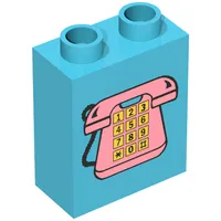 Duplo Brick 1 x 2 x 2 with Telephone Print 1, Pink with Yellow Buttons