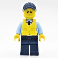 Policeman, Bright Light Blue Jacket with Zipper, Radio, Badge, and Tie, Dark Blue Legs, Dark Blue Cap, Yellow Life Vest
