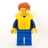 Man, Dark Blue Plaid Shirt, Blue Legs, Dark Orange Hair, Yellow Life Vest