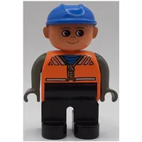 Duplo Figure, Early, Hard Hat Blue, Black Legs, Dark Gray Arms, Vest with Zipper Print