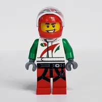 Racer, White and Green Jacket with Octan Logo, Red Helmet with Trans-Clear Visor