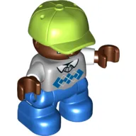 Duplo Figure Child with Cap Lime, with Light Bluish Gray Sweater and Tie over White Shirt - Dark Brown Face - Blue Legs