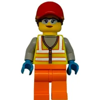 Woman, Vibrant Yellow Safety Vest, Orange Legs, Red Cap, Safety Glasses