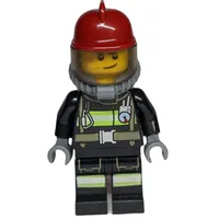 Fireman, Black Fire Suit with Gauge and Straps, Dark Red Helmet, Breathing Apparatus, Airtanks, Stubble and Scar