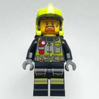 Firefighter, Black Fire Suit with Red Flashlight, Vibrant Yellow Helmet