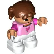 Duplo Figure Child with Pigtails Reddish Brown, with Bright Pink Top with Dark Pink Heart and Sleeves - White Legs