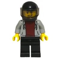 Man, Light Bluish Gray Hoodie over Dark Red Shirt, Black Legs, Black Helmet with Visor