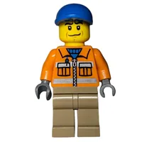 Construction Worker, Orange Jacket with Zipper and Reflective Stripes, Dark Tan Legs, Blue Cap