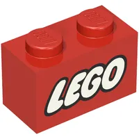 Brick 1 x 2 with LEGO Logo Closed O White with Black Outline Print